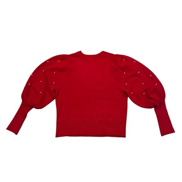 CeCe Women's Embellished-Sleeve Pearl Crewneck Sweater in Bright Cherry - Medium - Picture 8 of 8